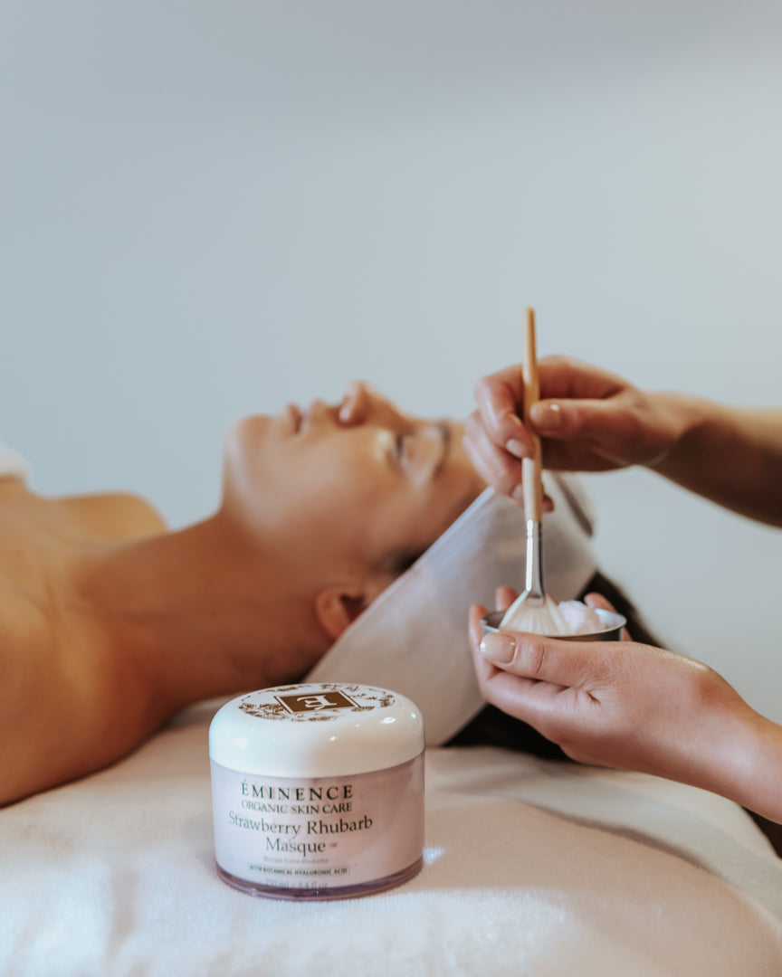 Relaxing spa treatment using Eminence Strawberry Rhubarb Mask at Madrona del Mar Spa on Galiano Island